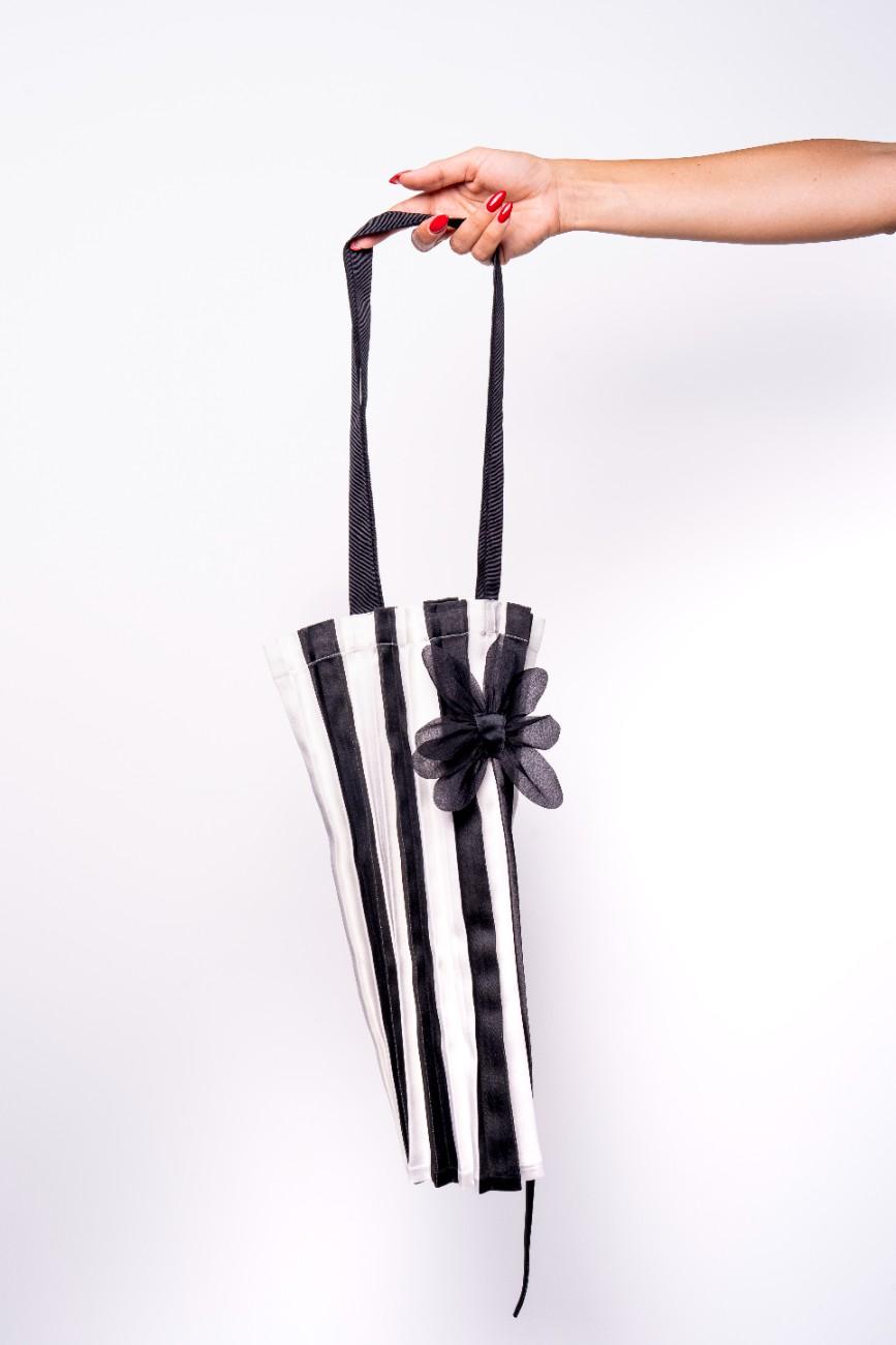 Santorini Blossom - Black and White Pleated Stripes with 3D Flower image 3