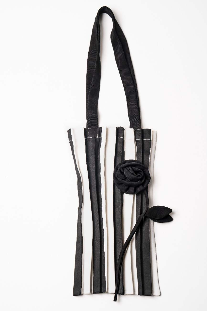 Santorini Blossom - Black and White Pleated Stripes with 3D Flower image 1